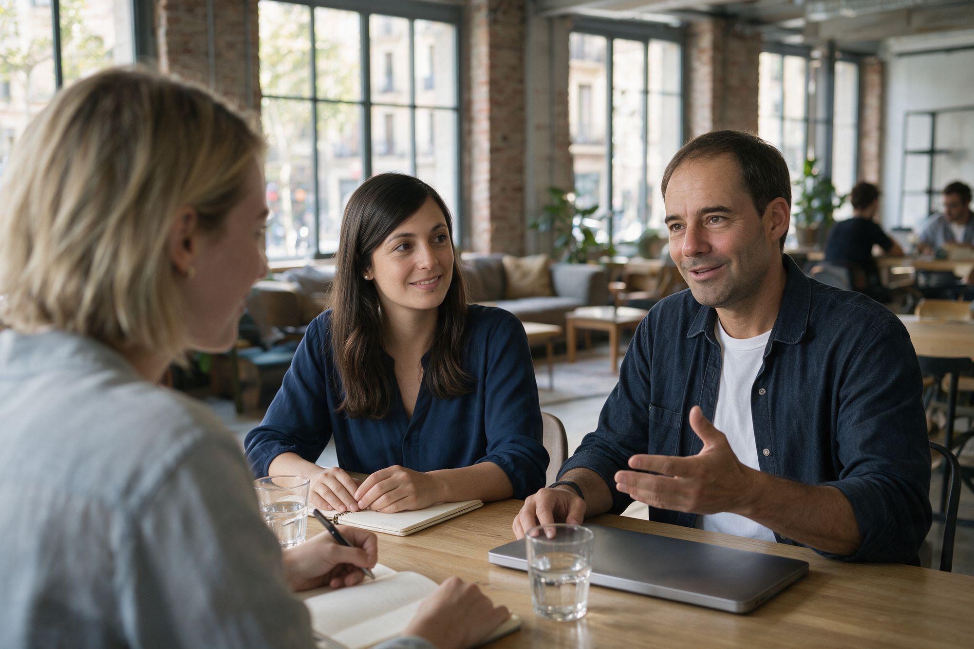Chloé y Dani hablando con una founder en una reunión de trabajo