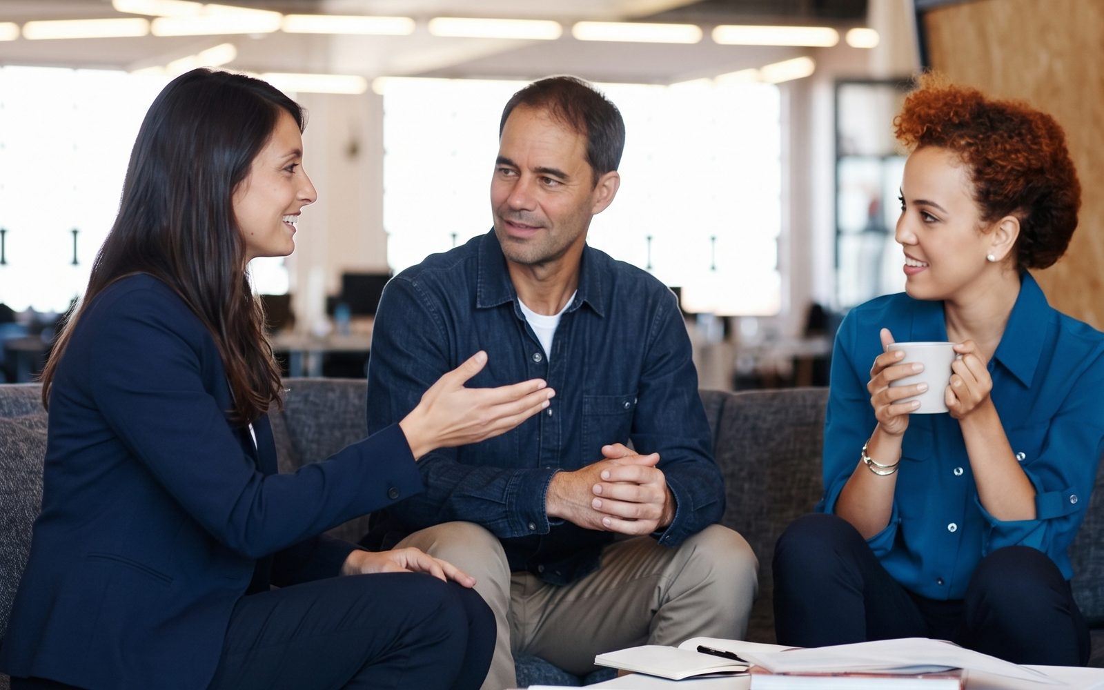 Chloé y Dani hablando con una founder en una reunión de trabajo