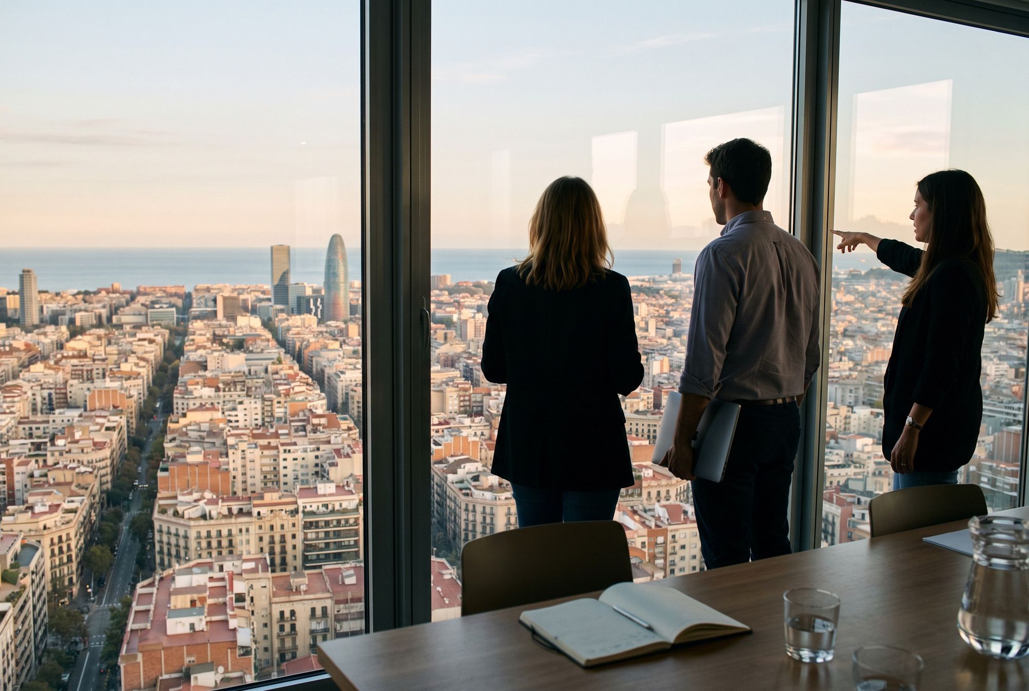 Tres personas miran Barcelona desde la sala de reuniones de una planta alta, con la Torre Glòries y el mar al fondo