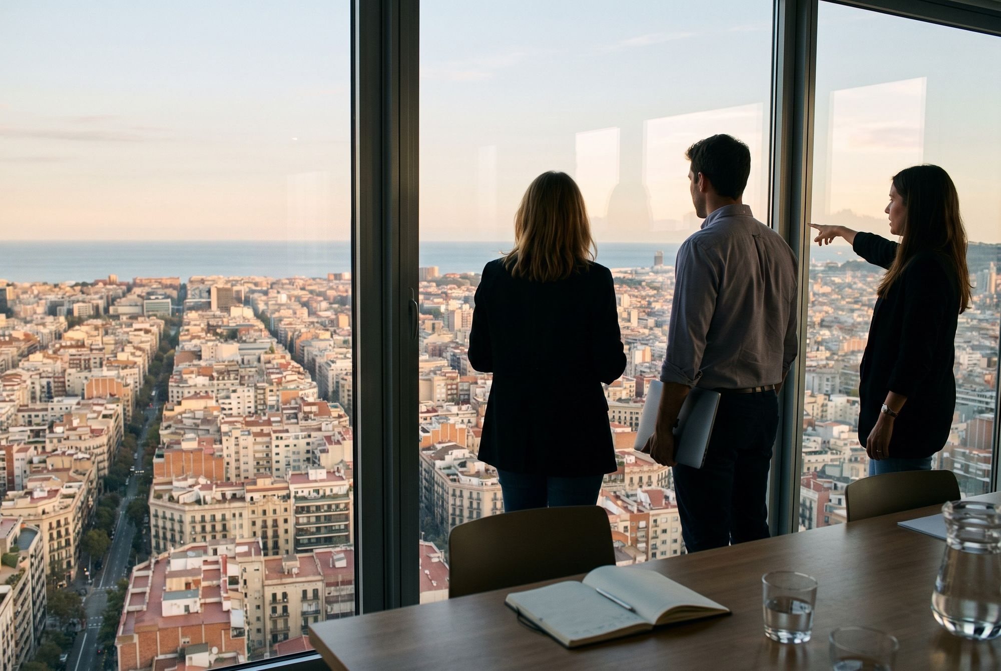 Tres personas miran Barcelona desde la sala de reuniones de una planta alta, con las azoteas de la ciudad y el mar al fondo