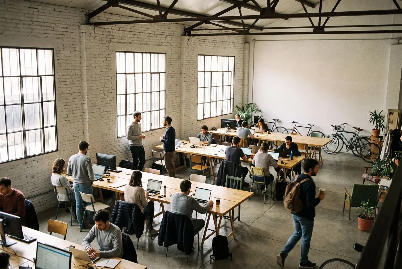 Equipo trabajando en las mesas largas de un coworking del Poblenou, visto desde arriba