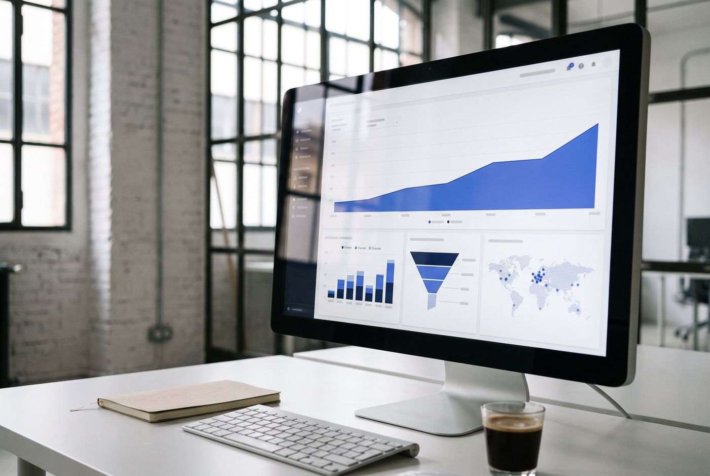 Monitor con un panel de resultados: curva de crecimiento, embudo y mapa de mercados